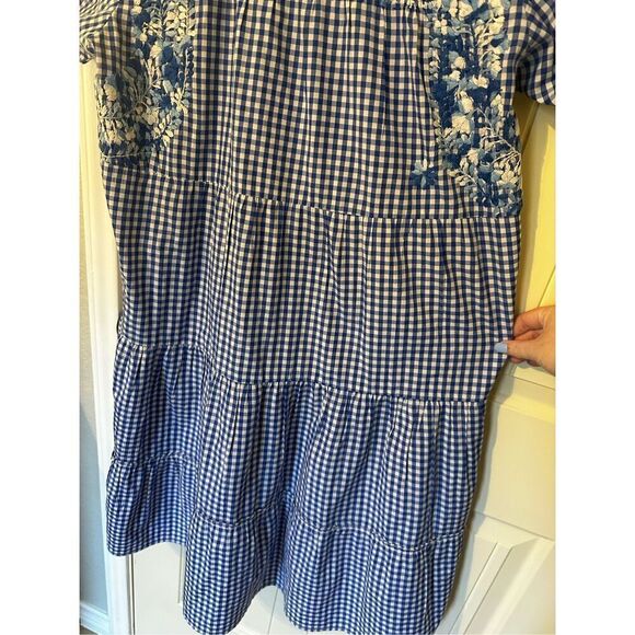 Margarita Mercantile Blue White Embroidered Gingham Tiered Midi Mexico Dress - Picture 10 of 13